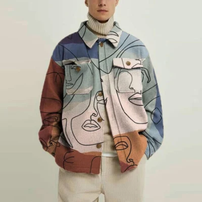 남성용 캐주얼 디지털 프린트 기하학 무늬 재킷 싱글 브레스트 라펠 코트